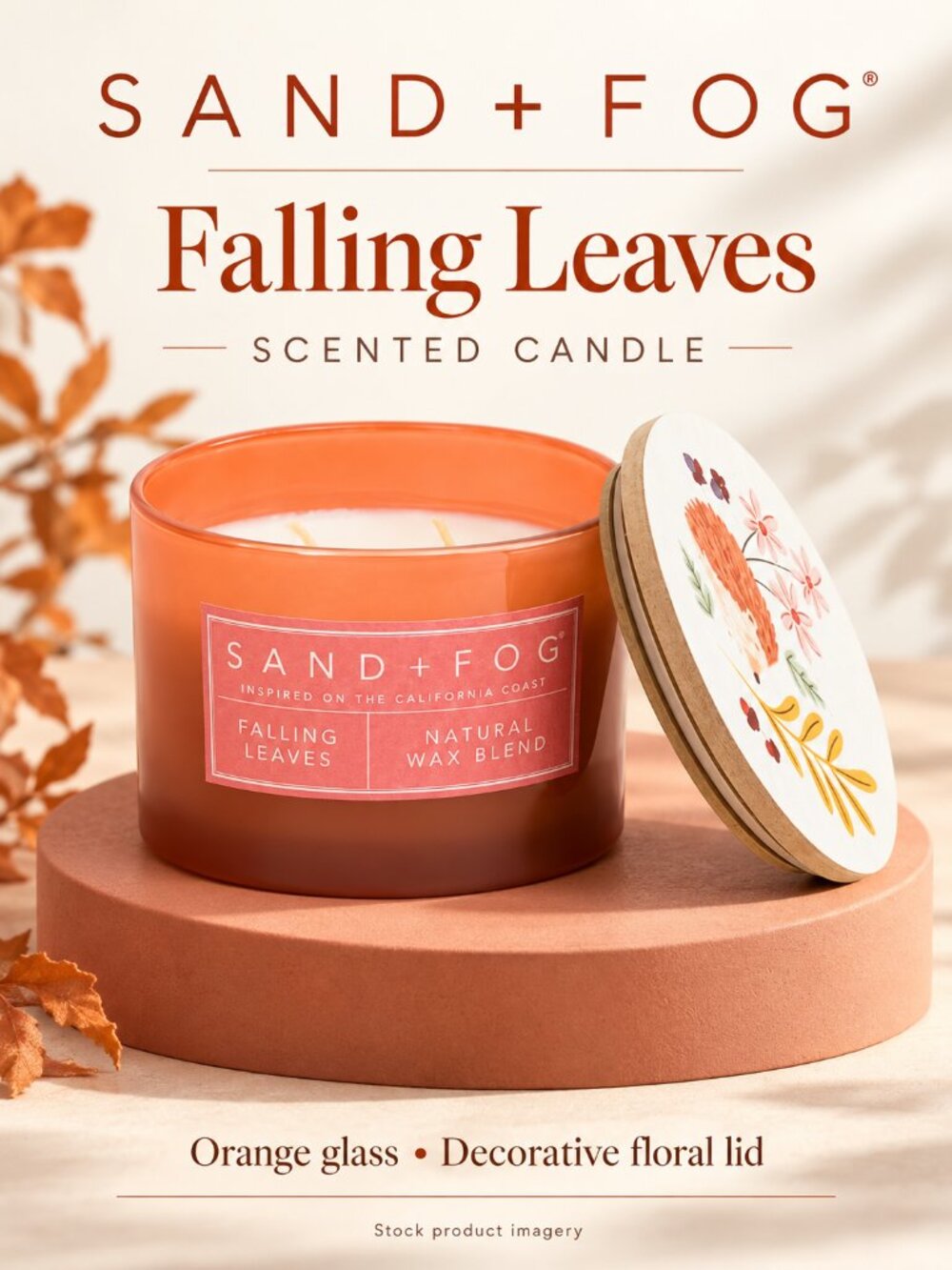 Sand + Fog Falling Leaves 12 oz. Candle Orange Glass Jar Decorative Floral Lid